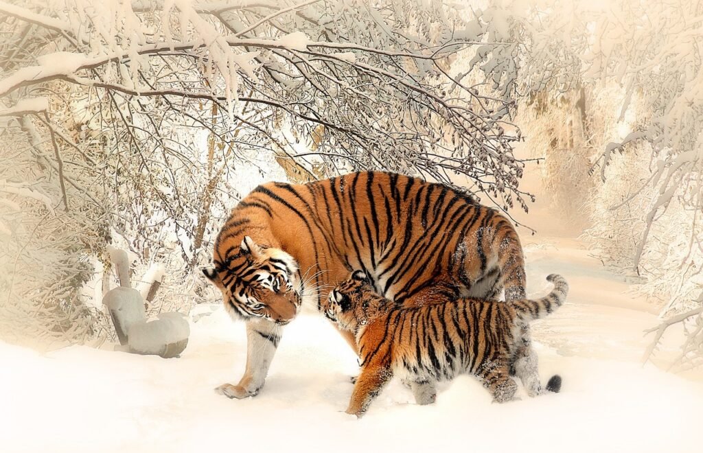 Mother and Baby Tiger Playing in the Snow